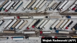 This aerial view shows Ukrainian trucks in a parking lot next to the Korczowa Polish-Ukrainian border crossing earlier this month.
