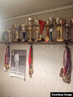 Спортивные награды Егора, стоящие у него дома (примерно половина)