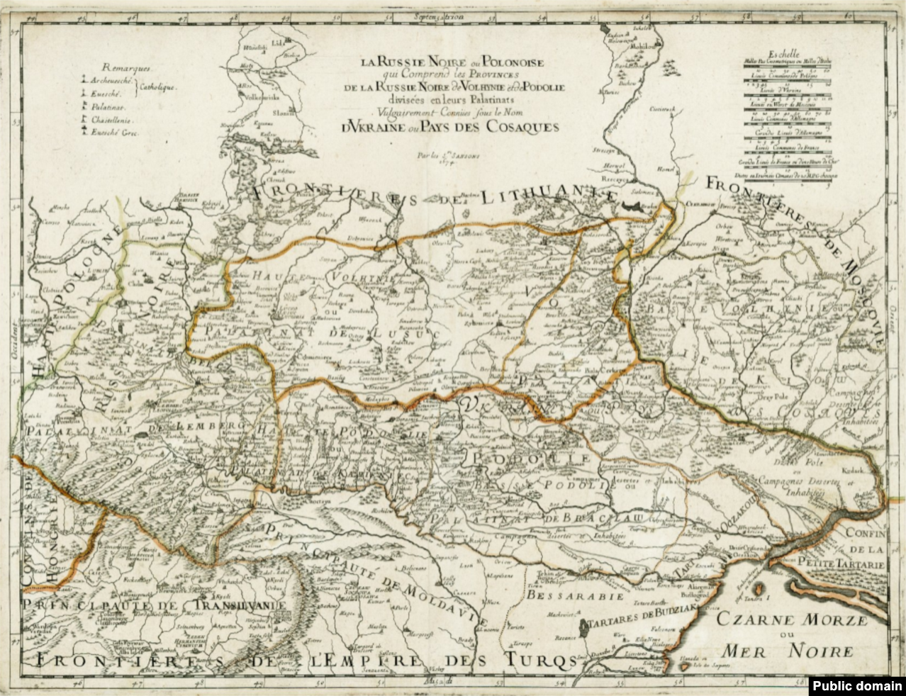 А це інша карта. Створена Нікола Сансоном в 1774 році в Парижі і видана вже після його смерті. Це перша карта, де позначення для України «Країна козаків» винесена в картуш (назву) мапи