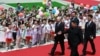 Президент Росії Володимир Путін і лідер Північної Кореї Кім Чен Ин відвідують офіційну церемонію привітання під час зустрічі в Пхеньяні, Північна Корея, 19 червня 2022 року