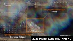 Супутникове фото Planet Labs суднобудівного заводу «Затока» у Керчі після ракетних ударів ЗСУ, опубліковані «Схемами» 5 листопада 2023 року