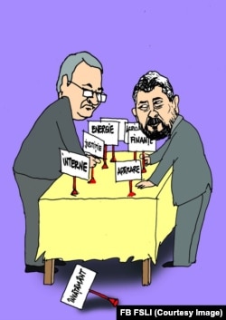 Caricatură publicată pe pagina de Facebook a FSLI reprezentându-i pe liderii Coaliției de guvernare, Nicolae Ciucă și Marcel Colacu, împărțind portofoliile.