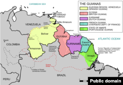 Подробная карта всего региона "Гвиана", политических границ и территориальных споров на северо-востоке Южной Америки на сегодняшний день (на английском языке)