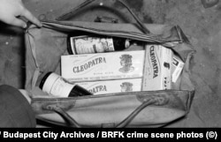 A confiscated bag filled with liquor and Egyptian-made cigarettes