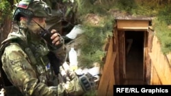 Российский солдат и укрепления второй линии обороны россиян на юге Украины. Иллюстративный коллаж