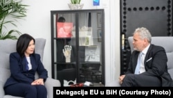 Šef Delegacije Eu u BiH Johan Satler sa premijerkom HNK Marijom Buhač, Mostar, 9.april 2024.
