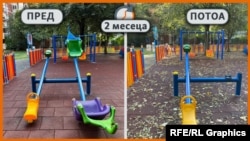 Детско игралиште во Капиштец - фотографијата од лево е направена од општина Центар кога новото игралиште се отвори, а онаа од десно, ја направи Радио Слободна Европа (РСЕ) два месеца подоцна