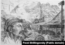 Workers at the copper smelter in Alaverdi in an undated sketch.