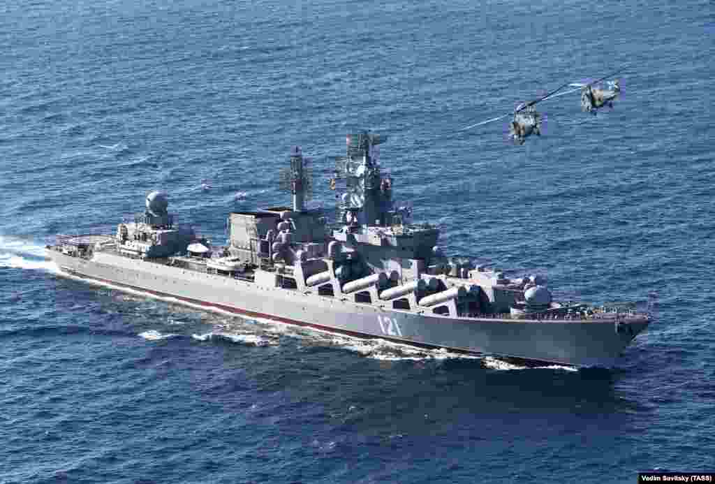 The Moskva guided-missile cruiser sails in the Caspian Sea in 2012.&nbsp;&nbsp; &nbsp; The Russian flagship was famously sunk in April 2022 off the Ukrainian coast, south of Odesa. Ukraine claims the ship sank after being struck by two domestically produced Neptune anti-ship missiles. Russia said the Moskva foundered after an unspecified &quot;fire,&quot; which detonated ammunition on board. It was the largest Russian warship to be sunk since World War II. The cruiser carried some 500 sailors and wielded a formidable array of weapons, including 16 large cruise missiles.&nbsp;&nbsp; 