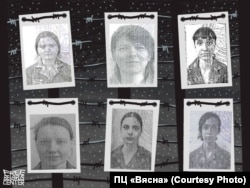 Міліцэйскія фота былых палітзьняволеных (зьлева направа): Яна Арабейка, Алена Дзядзюля, Кася Будзько, Вольга Дубовік, Анастасія Булыбенка, Алана Гебрэмарыям. Каляж