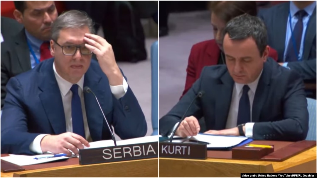 Președintele sârb Alexandr Vučić și premierul kosovar Albin Kurti, la o reuniune a Consiliului de Securitate al ONU, de la New York, 8 februarie 2024. 