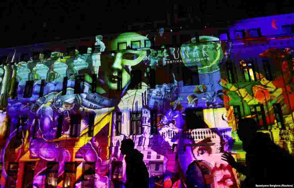 The Bulgarian Development Bank building is illuminated by a light installation called Unlimited Universe as part of the Lunar Festival of Lights in Sofia on May 11.