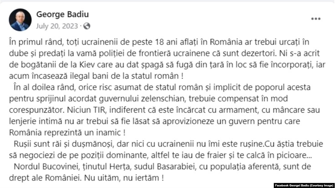Postarea deputatului AUR, Georgel Badiu, din 20 iulie 2023