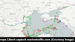 Situația traficului maritim în Marea Neagră, astăzi, după prânz, conform site-ului marinetraffic.com.