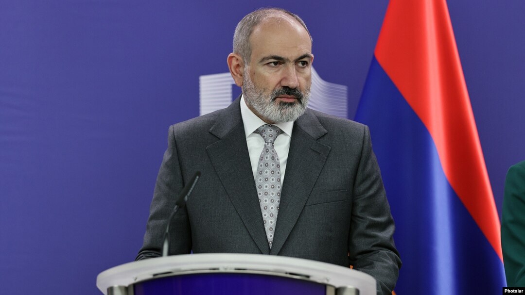 Armenian Prime Minister Nikol Pashinianspeaks to the media in Brussels on April 5.