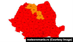 Cod roșu de caniculă în aproape toată țara, mai puțin patru județe - Maramureș, Bistrița Năsăud, Harghita și Mureș - care se află sub cod portocaliu, pe 15 și 16 iulie.