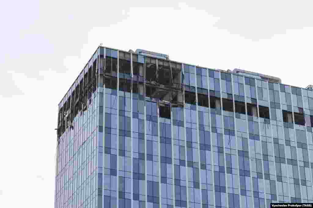 Damage from a blast and fire after a drone hit a high-rise building in Moscow on July 24.&nbsp;