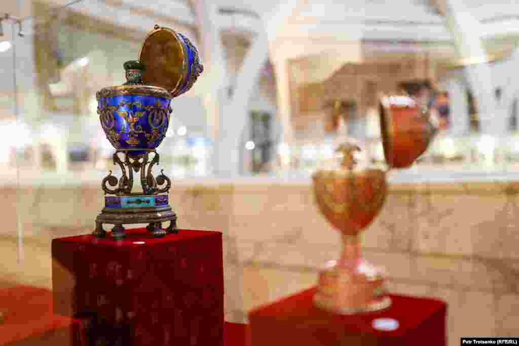 Several rare Fabergé&nbsp;eggs were on display at the Central State Museum in Almaty, Kazakhstan, on September 7. The exhibit -- titled National Heritage: The Basis Of Spirituality -- was presented to the public, featuring antiques, rare works of art, weapons, and jewelry that were confiscated by the state.