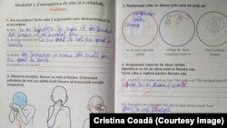 Pagină din caietul unui copil moldovean cu dislexie, diagnosticat în România, la insistențele mamei sale, Cristina Coada.