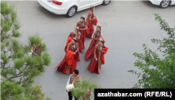 Participants gather for a Turkmen wedding celebration in Ashgabat.