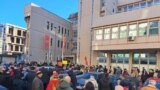 Support group for columnist Boban Batricevic in front of the court in Podgorica, Montenegro