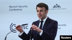 French President Emmanuel Macron speaks during the Munich Security Conference on February 17.