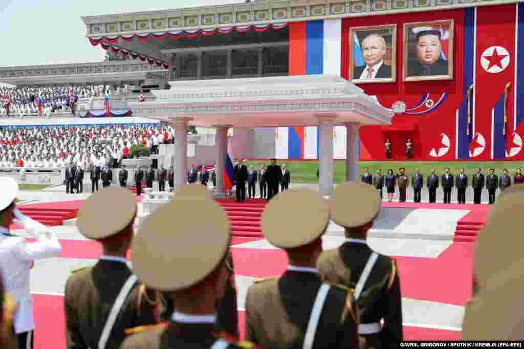 North Korean military personnel stand at attention as the two leaders participate in the welcoming ceremony. Kim called the North Korea-Russia relationship a &quot;fiery friendship.&quot;
