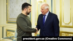 Ukrainian President Volodymyr Zelenskiy shakes hand with EU foreign policy chief Josep Borrell in Kyiv on February 7.