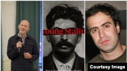 საიმონ სებაგ მონტეფიორე მწერალთა სახლში გამართულ შეხვედრაზე. "ახალგაზრდა სტალინის" ფილმის პოსტერი და რეჟისორი გელა ბაბლუანი 