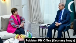 IMF chief Kristalina Georgieva (left) meets with Pakistani Prime Minister Muhammad Shehbaz Sharif in June 2023. 