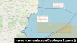 Карта на зоната, която Русия обяви за временно опасна за плаване, заради учения със стрелби. 