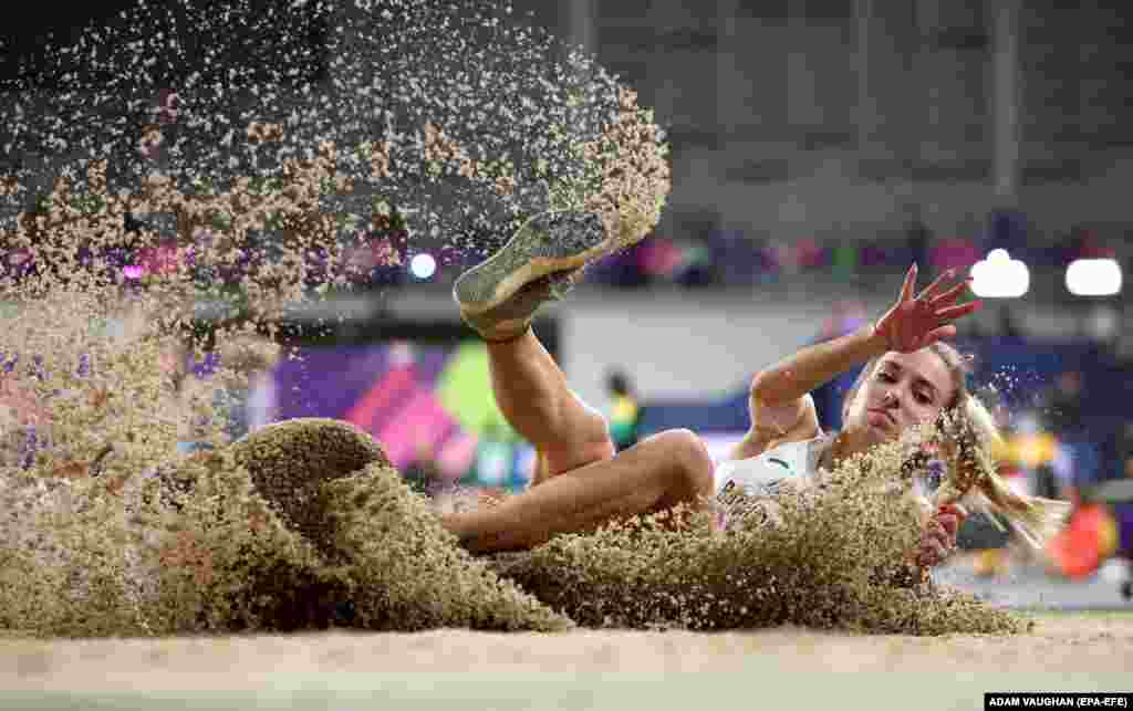 Petra Banhidi-Farkas of Hungary competes in the women&#39;s long jump final at the World Athletics Indoor Championships in Glasgow, Scotland.