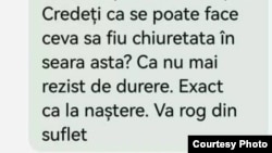 Mesaj trimis de Alexandra vineri, 18 august, la ora 3:00, unuia dintre medicii ginecologi de la Botoșani, altul decât M.P. Captura a fost făcută publică de familie.