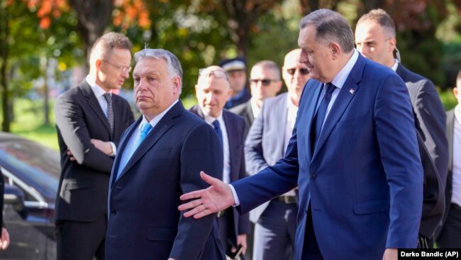 Mađarskog premijera Viktora Orbana u Banjaluci je dočekao predsjednik RS Milorad Dodik, 5. april 2024.