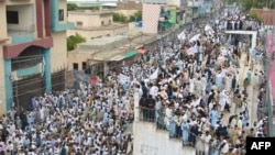 The residents of Bannu city in Pakistan's northwestern Khyber Pakhtunkhwa Province protest for peace in July.