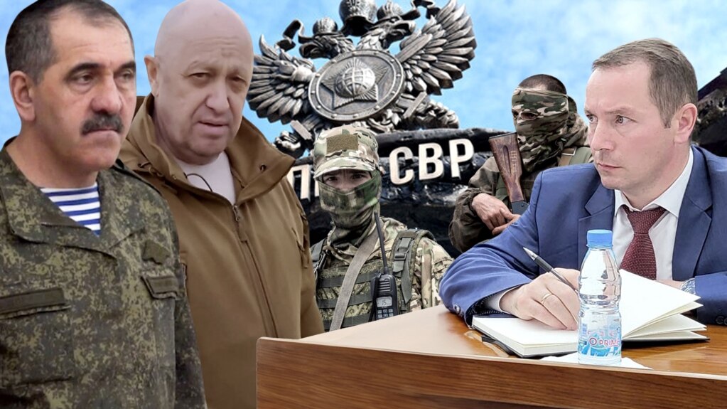 Колаж с руския зам.-министър на отбраната Юнус-Бек Евкуров (вляво), починалия основател на "Вагнер" Евгений Пригожин (до него) и Денис Павлов (вдясно). 