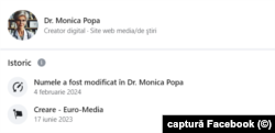 Pagina Euro-Media, creată în iunie 2023, și-a schimbat numele în „Dr. Monica Popa” în februarie 2024.