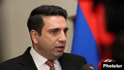 Armenia - Parliament speaker Alen Simonian speaks to journalists, Yerevan, November 28, 2023.
