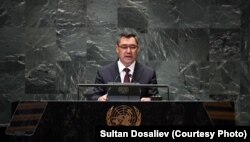Kyrgyz President Sadyr Japarov speaks at a UN conference on September 22, 2023.
