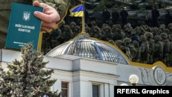 Военный билет, военнослужащие ВСУ и здание Верховной Рады Украины. Иллюстративный коллаж