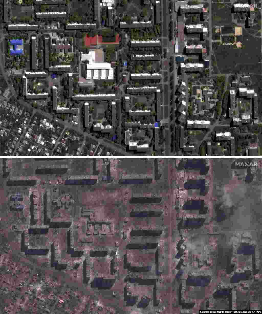 Iskolai és lakóépületek Bahmutban 2022. május 8-án (felül), és ugyanezek az épületek, illetve romjaik 2023. május 15-én (alul).&nbsp;Az egy év különbséggel készített műholdfelvételeken nyilvánvaló a pusztítás mértéke