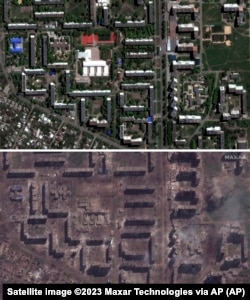Ті самі вулиці Бахмуту на супутникових знімках 8 травня 2022 року (вгорі) і 15 травня 2023 року (внизу).