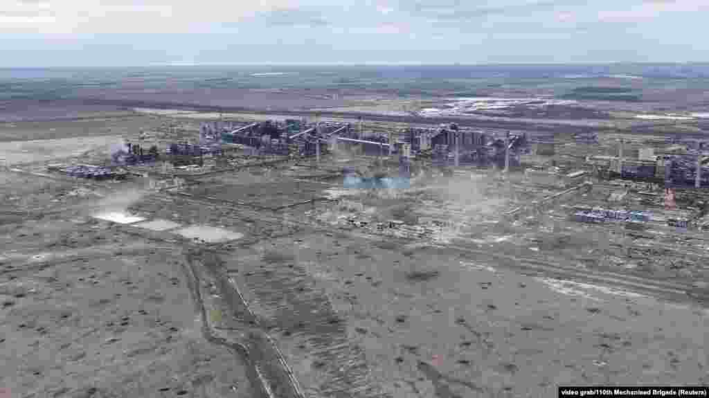 A drone view shows the destroyed coke and chemical plant in Avdiyivka, Ukraine, after Russian troops took control of the city.