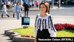 Moldovan President Maia Sandu at a ceremony marking Independence Day in Chisinau on August 27.