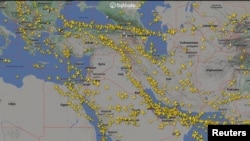 Օդային երթևեկության գրաֆիկական պատկերը ցույց է տալիս Իրանի և հարևան Մերձավոր Արևելքի օդային տարածքը