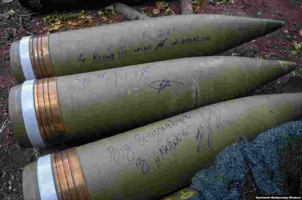 Shells scrawled with messages, including, &ldquo;from the residents of Bohuslav &lsquo;with love,&#39;&rdquo; and &ldquo;for Kharkiv.&rdquo; One shell is signed &ldquo;Lt. A Kravetz.&rdquo;