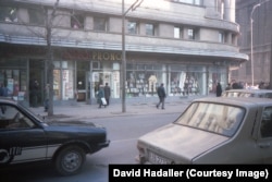 Shops in Bucharest, including a bookshop (right) and a Loto-Prono, an outlet where Romanians could gamble on a lottery, or Romanian or Italian soccer games.