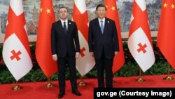 Georgian Prime Minister Irakli Gharibashvili (left) meets with Chinese President Xi Jinping in Beijing on July 28.