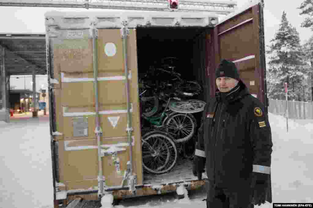 Head of the border station Kimmo Louhelainen shows a container with confiscated bicycles used by migrant to cross the border at the Raja-Jooseppi border station. Finland, a country of 5.6 million people, infuriated Moscow when it joined NATO in April, ending decades of military nonalignment following Russia&#39;s unprovoked invasion of Ukraine.