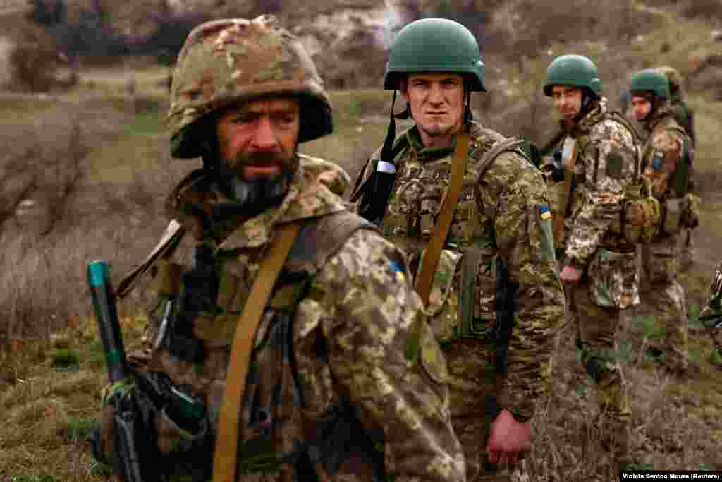 New Ukrainian Army brigade recruits take part in a military exercise in the eastern Donetsk region.